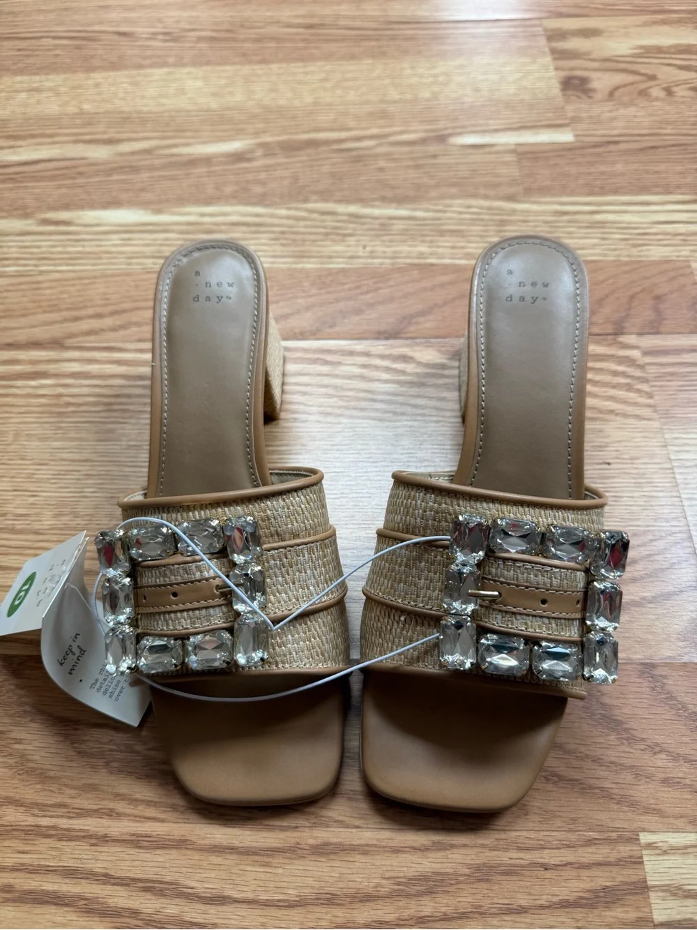 NWT A New Day Tan Raffia Rhinestone Buckle Block Heel Mules Size 10